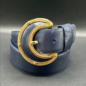 VTG 1980s Liz Claiborne Navy Blue Belt with Gold Buckle S/M 36.5”